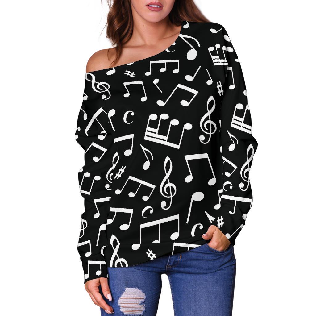 Music Note Black white Themed Print Off Shoulder Sweatshirt
