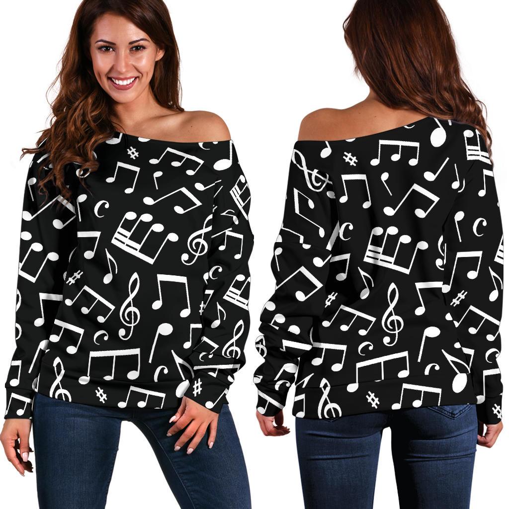 Music Note Black white Themed Print Off Shoulder Sweatshirt