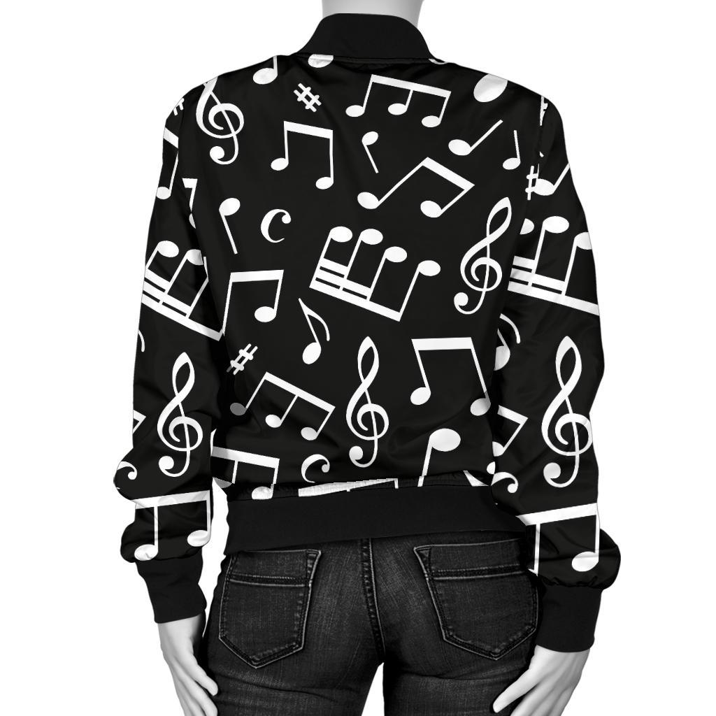 Music Note Black White Themed Print Women Casual Bomber Jacket