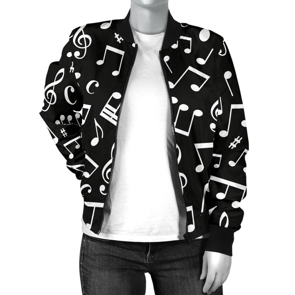 Music Note Black White Themed Print Women Casual Bomber Jacket