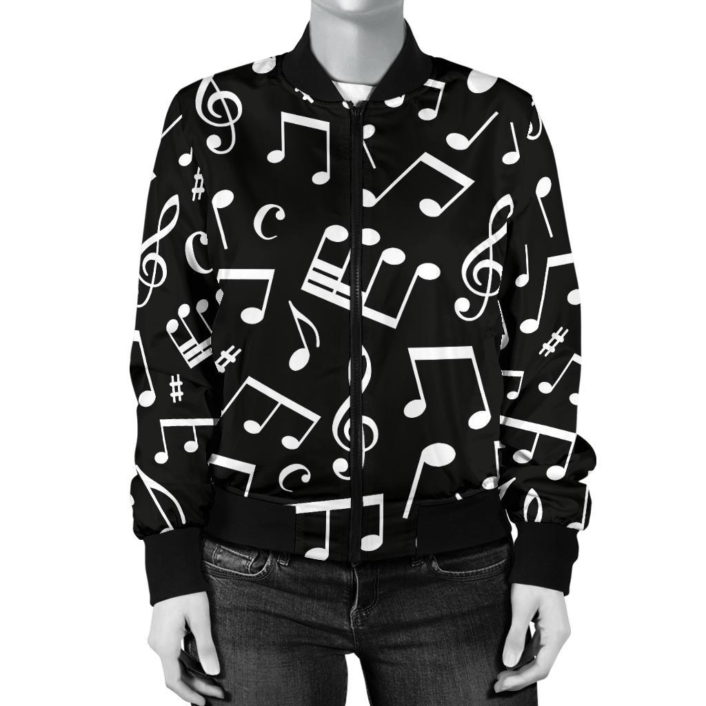Music Note Black White Themed Print Women Casual Bomber Jacket