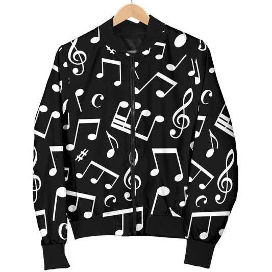 Music Note Black White Themed Print Women Casual Bomber Jacket