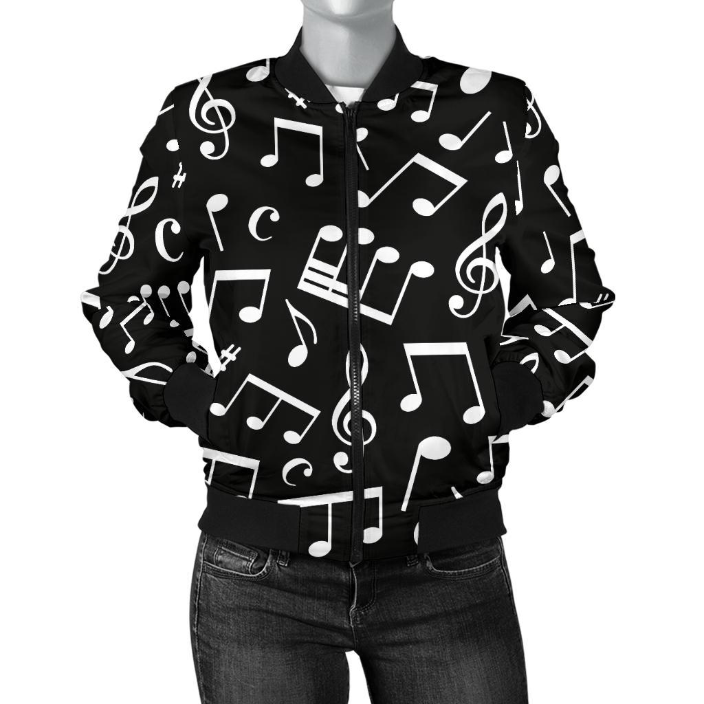 Music Note Black White Themed Print Women Casual Bomber Jacket