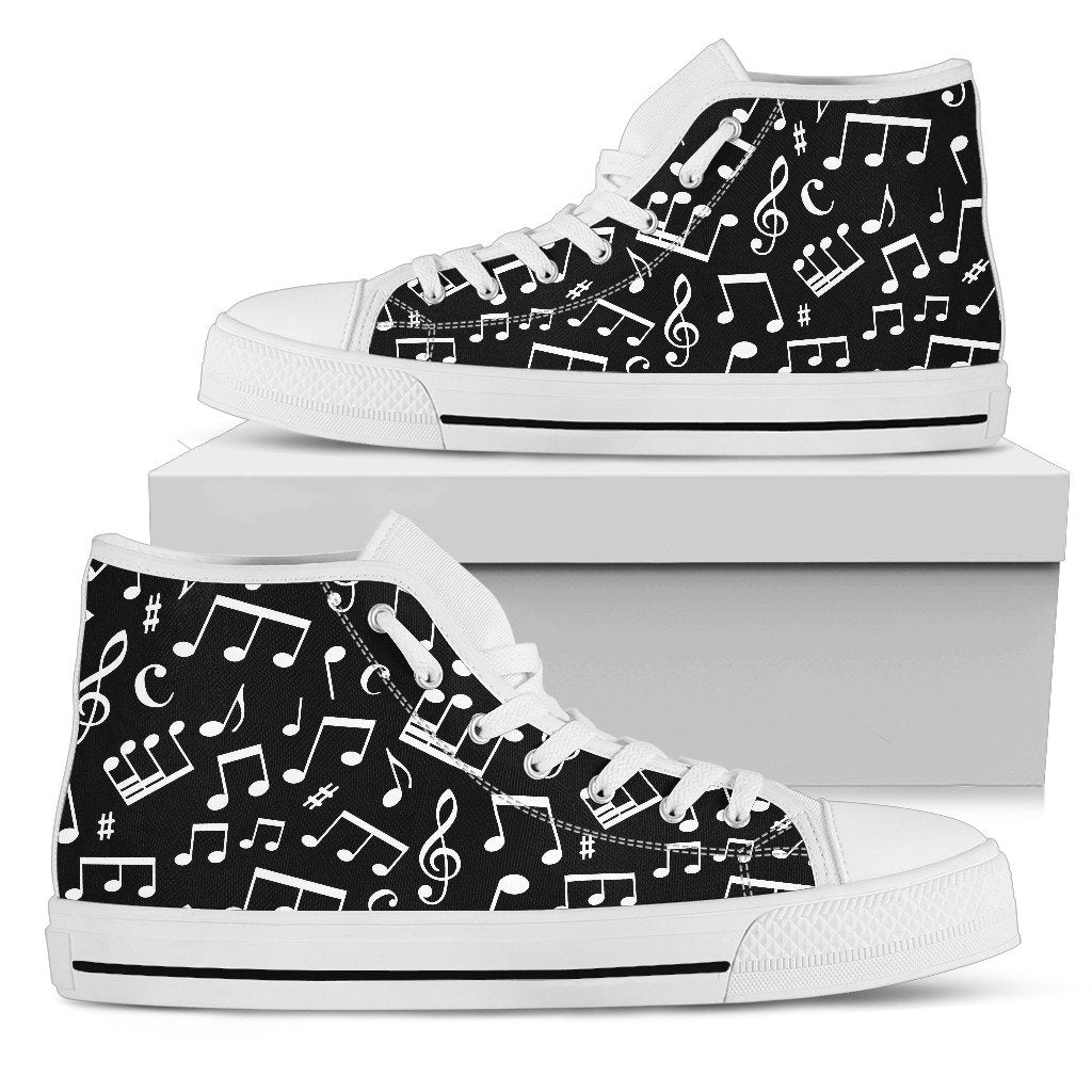 Music Note Black White Themed Print Women High Top Shoes