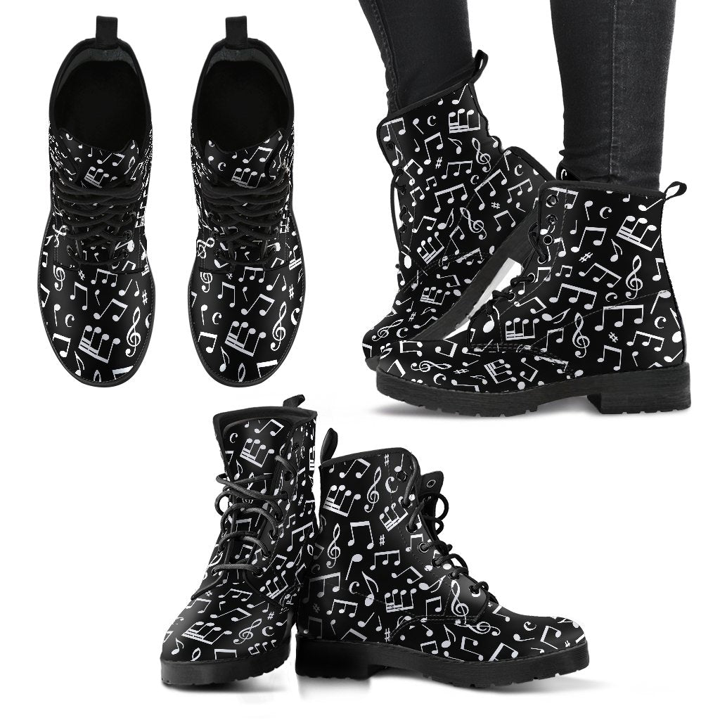 Music Note Black white Themed Print Women Leather Boots-JTAMIGO.COM
