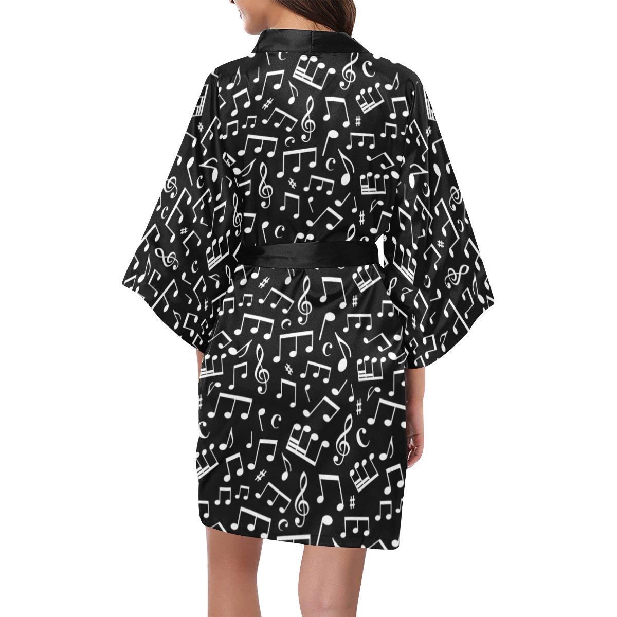 Music Note Black white Themed Print Women Short Kimono Robe