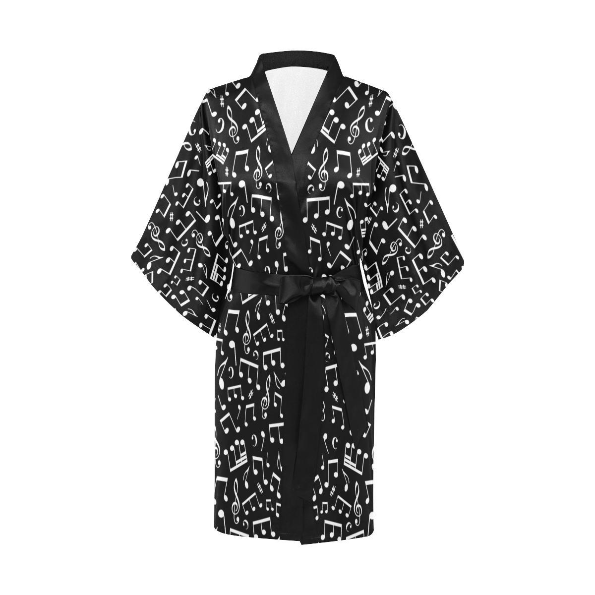Music Note Black white Themed Print Women Short Kimono Robe