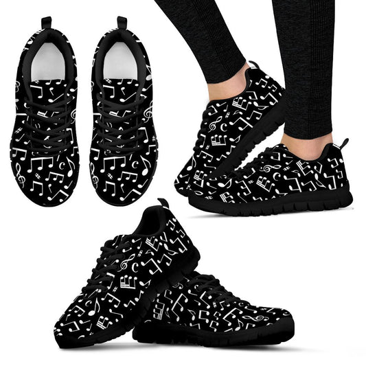 Music Note Black White Themed Print Women Sneakers Shoes