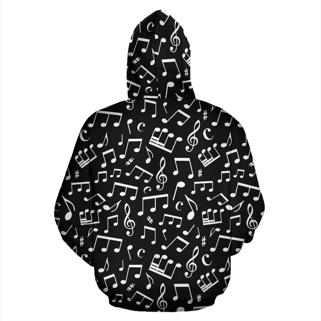 Music Note Black White Themed Print Zip Up Hoodie