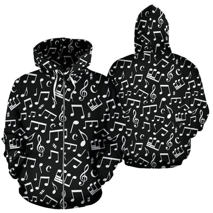 Music Note Black White Themed Print Zip Up Hoodie