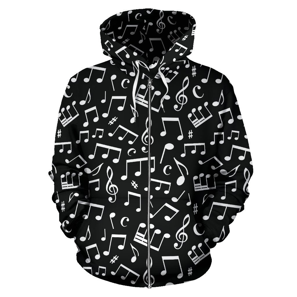 Music Note Black White Themed Print Zip Up Hoodie