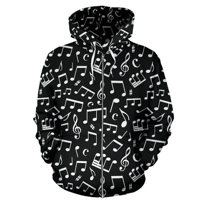 Music Note Black White Themed Print Zip Up Hoodie
