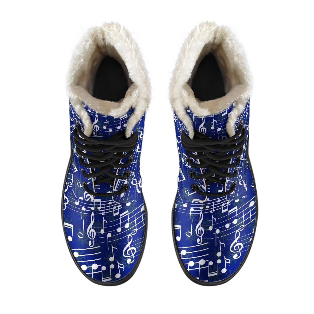 Music Note Blue Themed Print Faux Fur Leather Boots-JTAMIGO.COM
