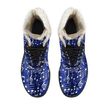 Music Note Blue Themed Print Faux Fur Leather Boots-JTAMIGO.COM