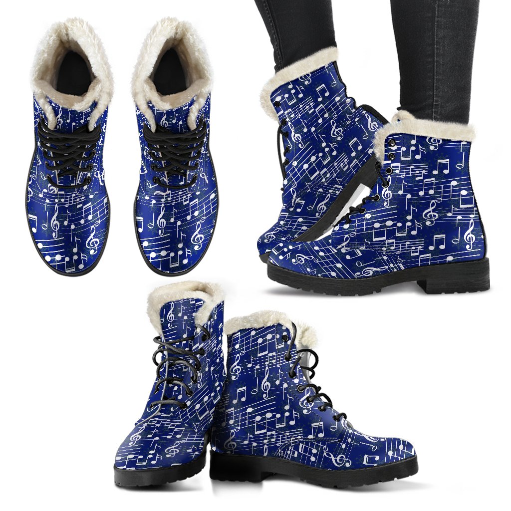 Music Note Blue Themed Print Faux Fur Leather Boots-JTAMIGO.COM