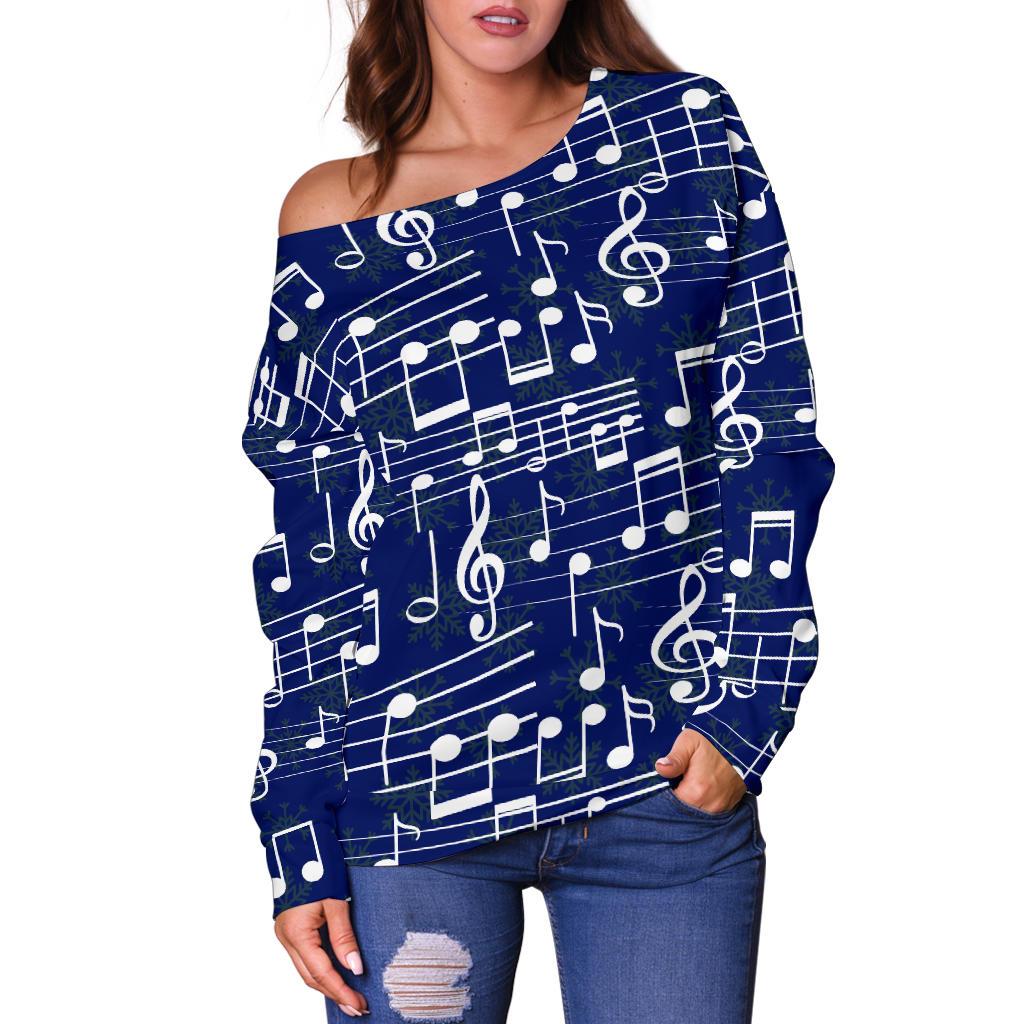 Music Note Blue Themed Print Off Shoulder Sweatshirt