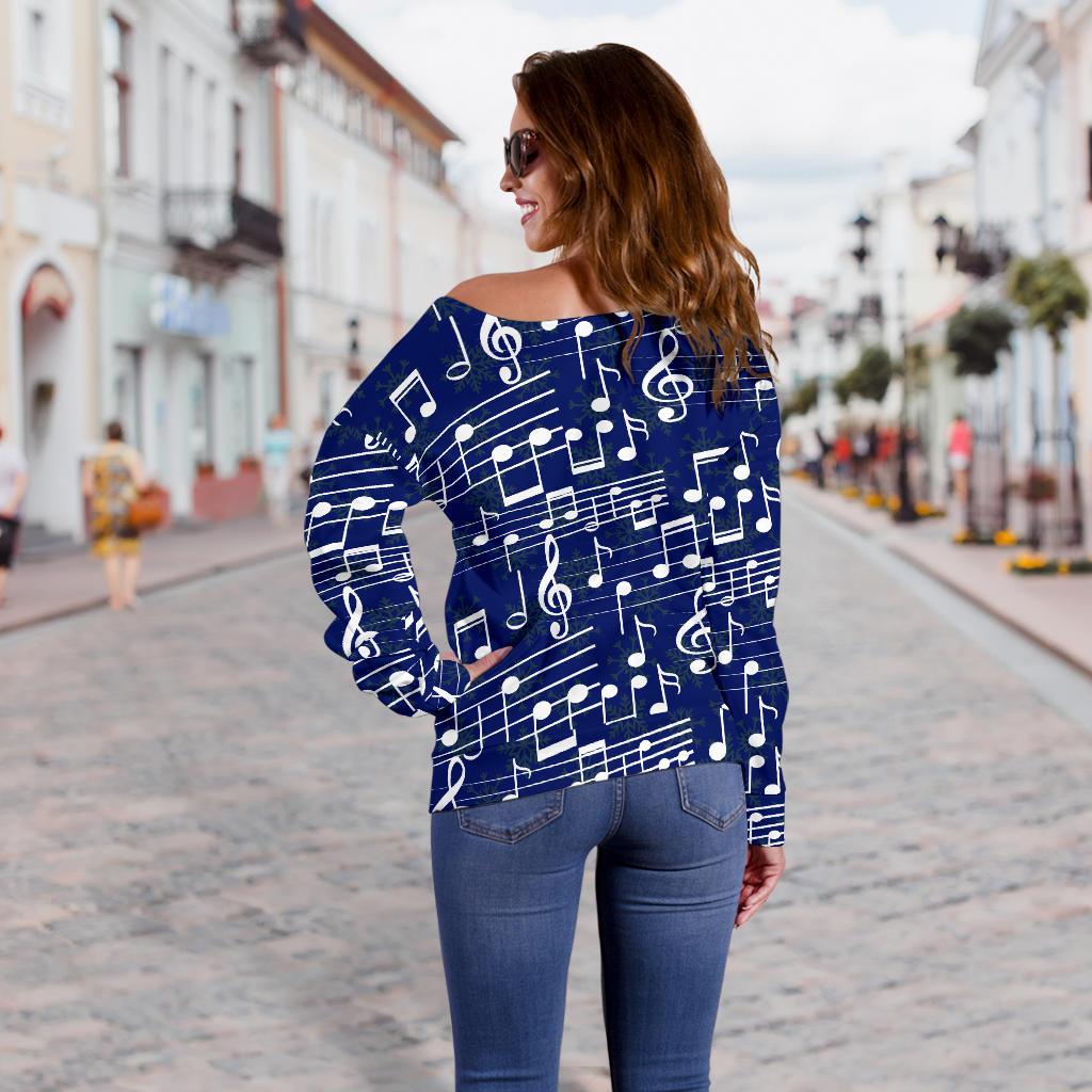 Music Note Blue Themed Print Off Shoulder Sweatshirt
