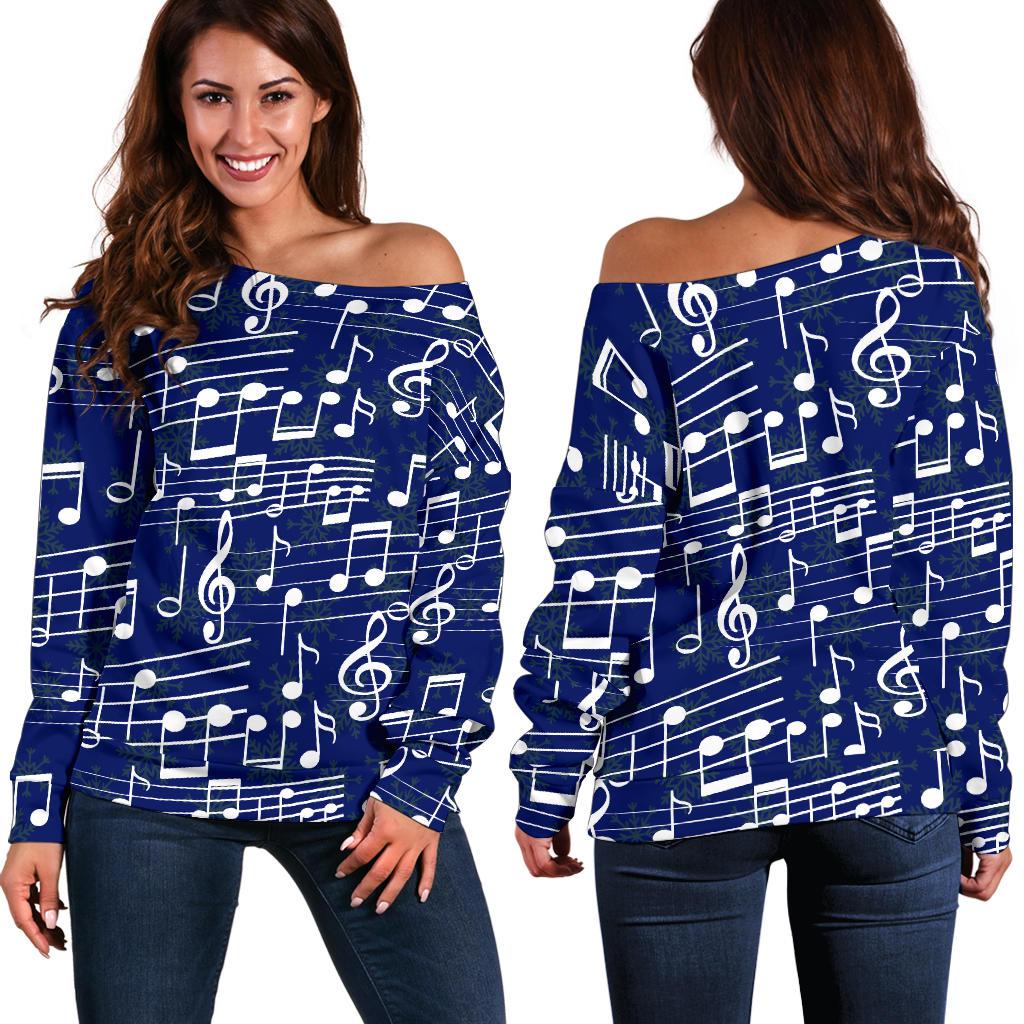 Music Note Blue Themed Print Off Shoulder Sweatshirt