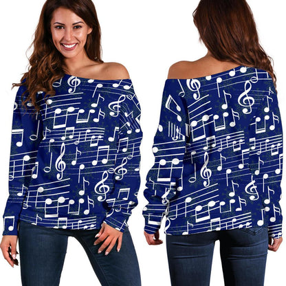 Music Note Blue Themed Print Off Shoulder Sweatshirt