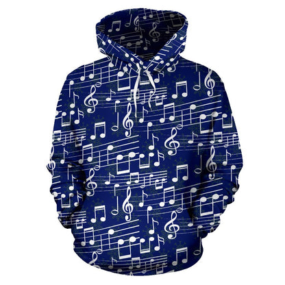 Music Note Blue Themed Print Pullover Hoodie