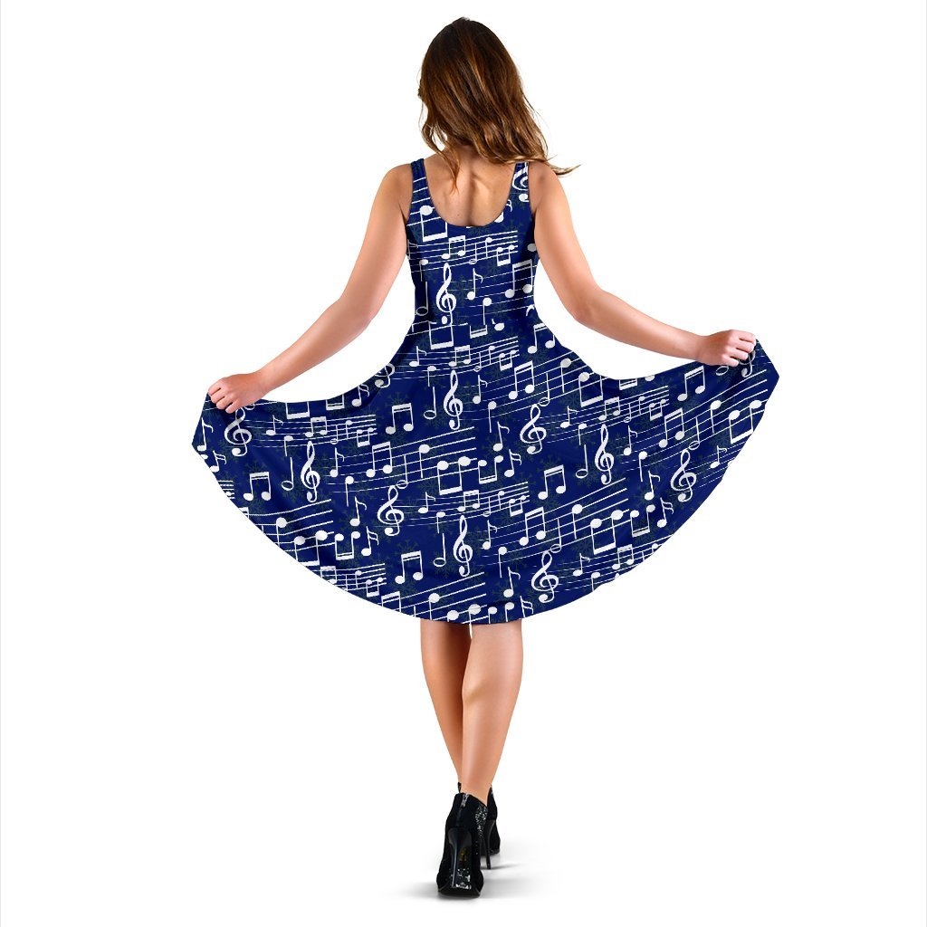 Music Note Blue Themed Print Sleeveless Dress