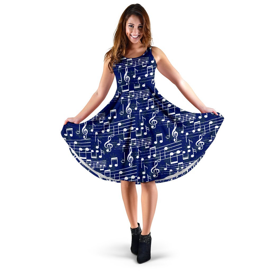Music Note Blue Themed Print Sleeveless Dress