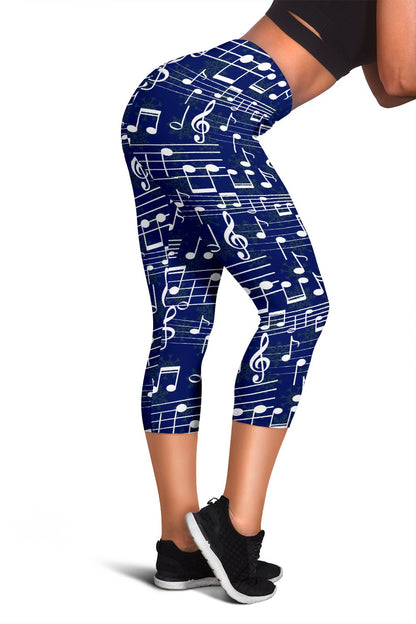 Music Note Blue Themed Print Women Capris