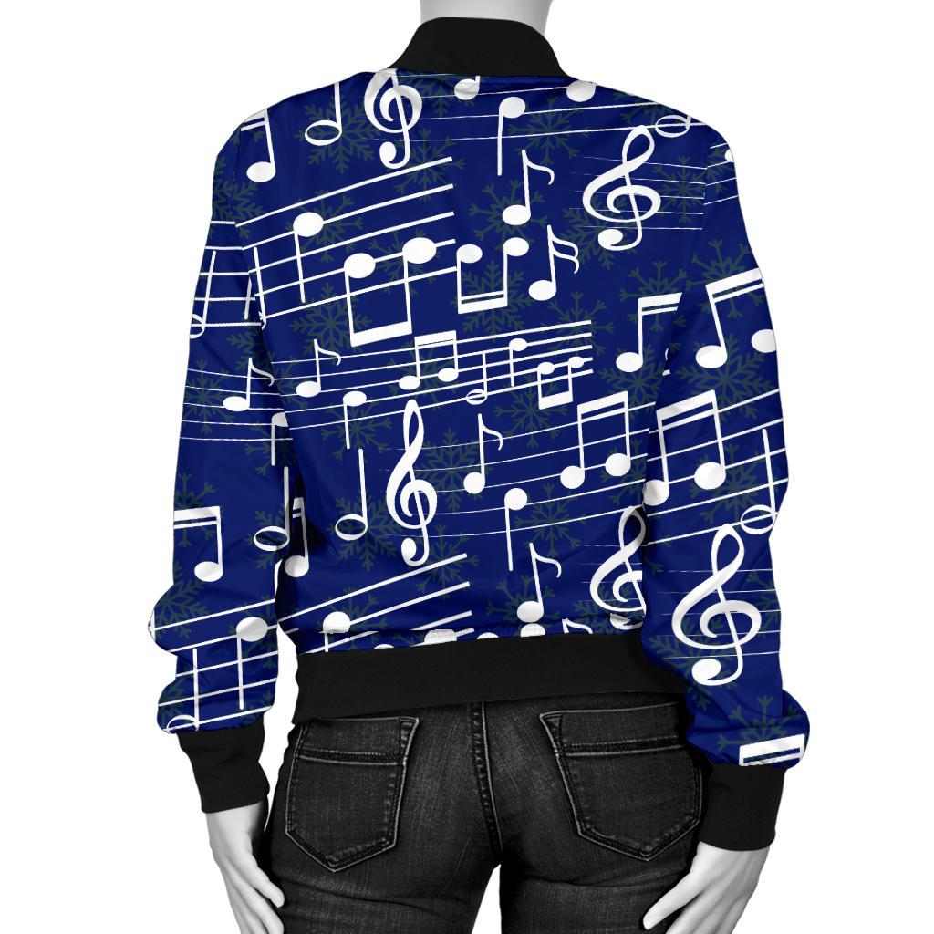 Music Note Blue Themed Print Women Casual Bomber Jacket