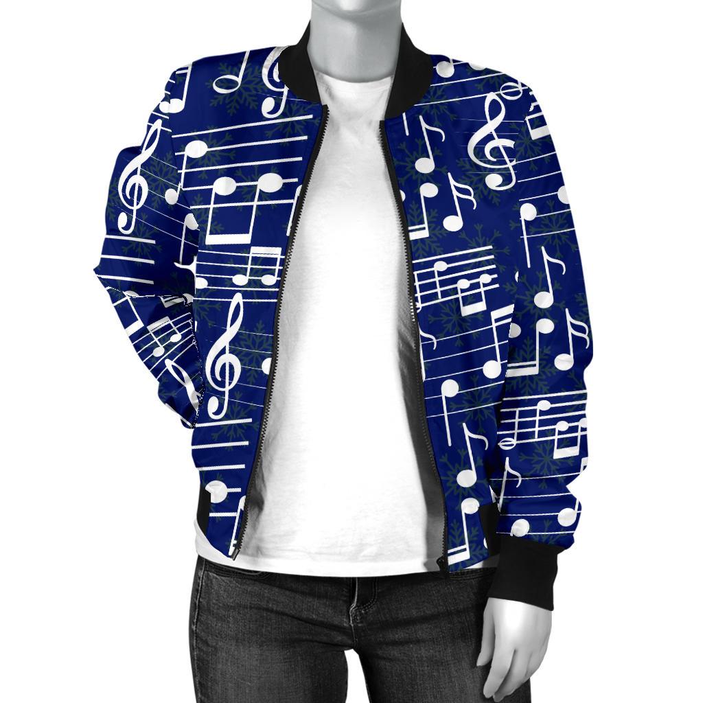 Music Note Blue Themed Print Women Casual Bomber Jacket