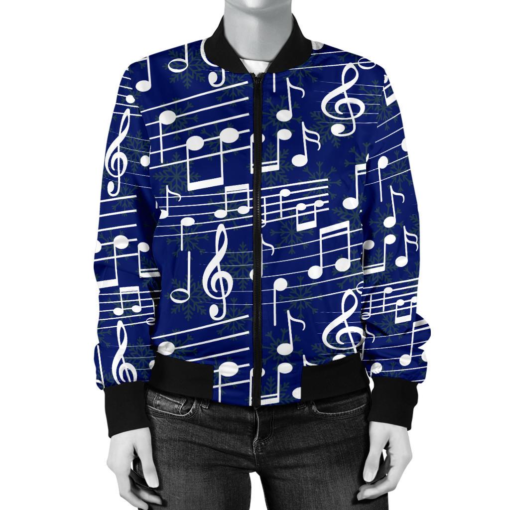 Music Note Blue Themed Print Women Casual Bomber Jacket