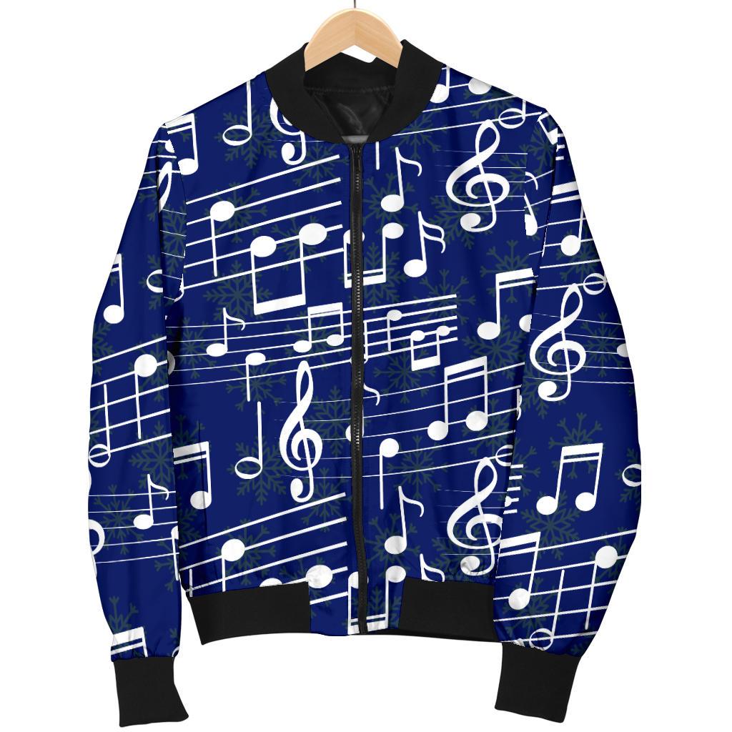 Music Note Blue Themed Print Women Casual Bomber Jacket