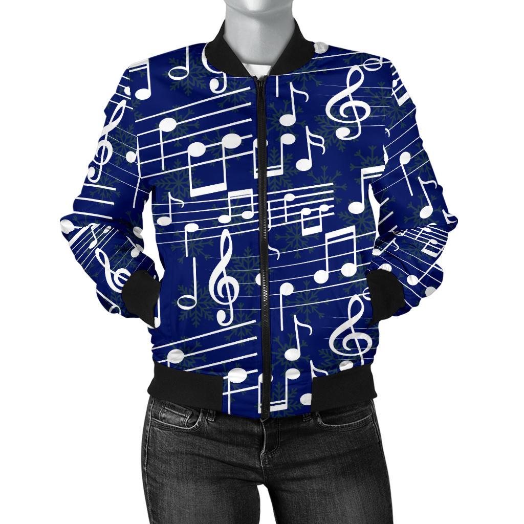 Music Note Blue Themed Print Women Casual Bomber Jacket