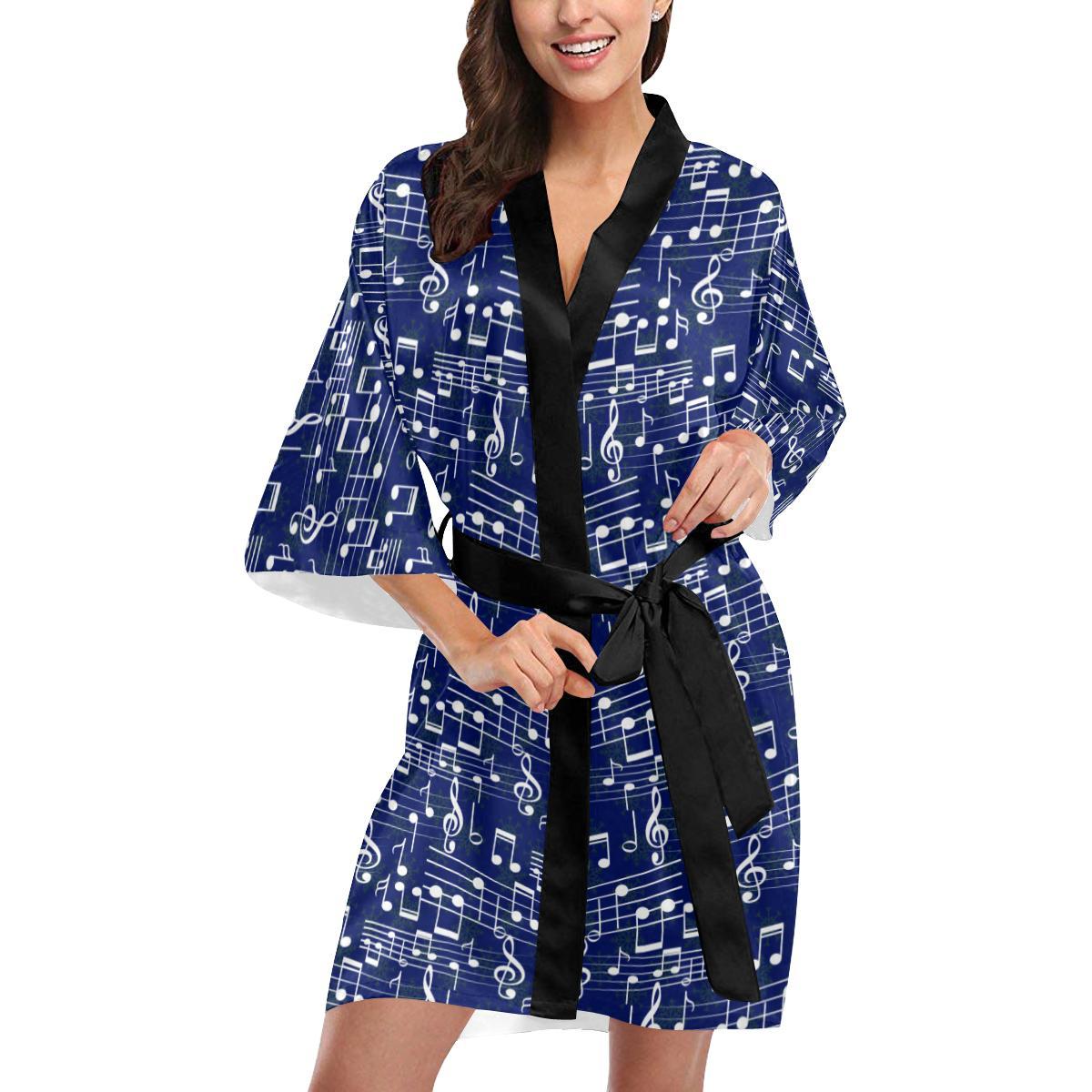 Music Note Blue Themed Print Women Short Kimono Robe