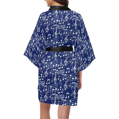 Music Note Blue Themed Print Women Short Kimono Robe
