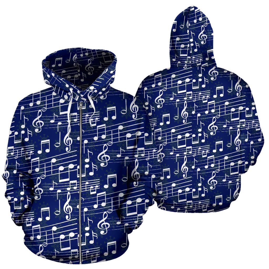 Music Note Blue Themed Print Zip Up Hoodie