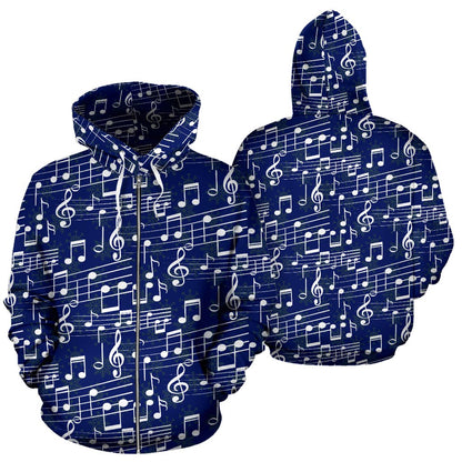 Music Note Blue Themed Print Zip Up Hoodie