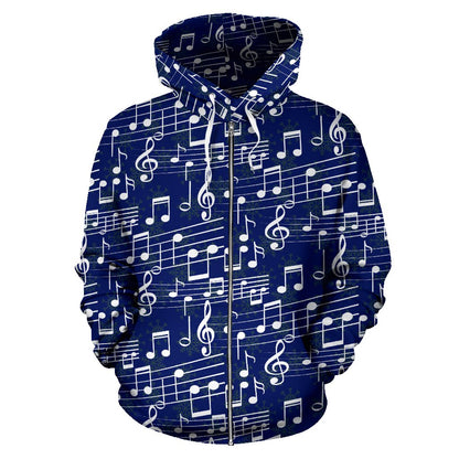 Music Note Blue Themed Print Zip Up Hoodie