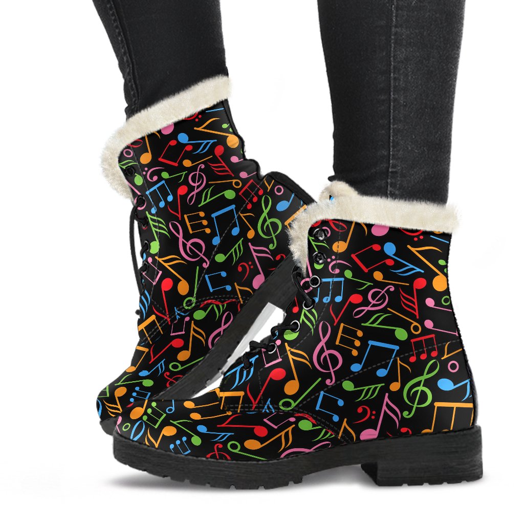 Music Note Colorful Themed Print Faux Fur Leather Boots-JTAMIGO.COM