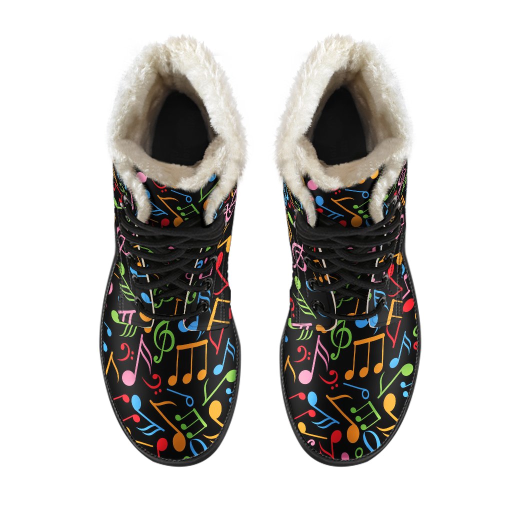 Music Note Colorful Themed Print Faux Fur Leather Boots-JTAMIGO.COM