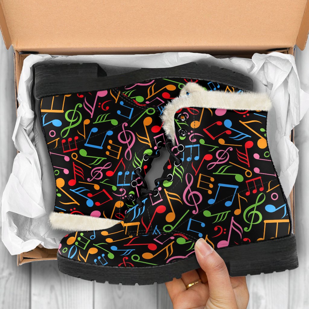 Music Note Colorful Themed Print Faux Fur Leather Boots-JTAMIGO.COM