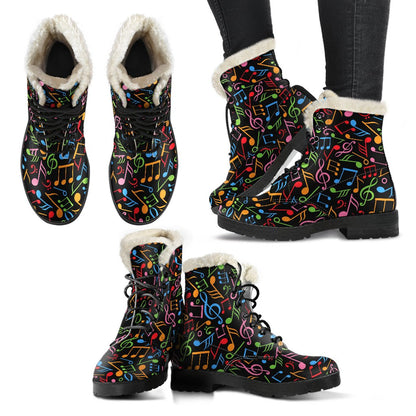 Music Note Colorful Themed Print Faux Fur Leather Boots-JTAMIGO.COM