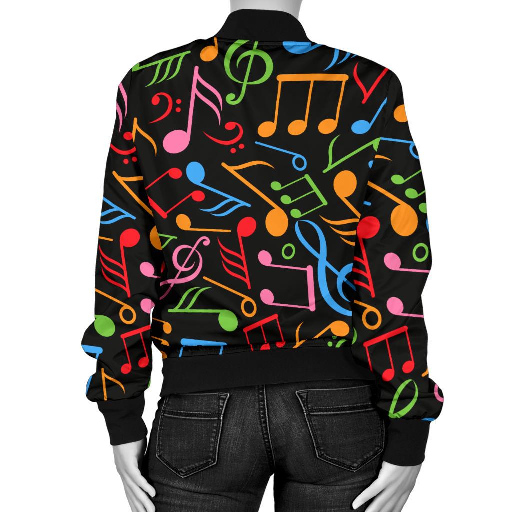 Music Note Colorful Themed Print Women Casual Bomber Jacket