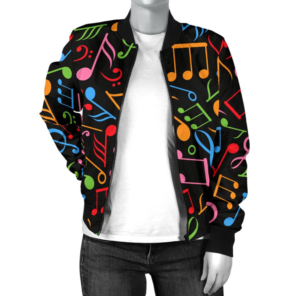 Music Note Colorful Themed Print Women Casual Bomber Jacket