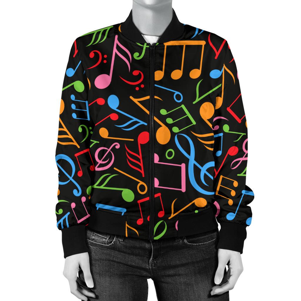 Music Note Colorful Themed Print Women Casual Bomber Jacket