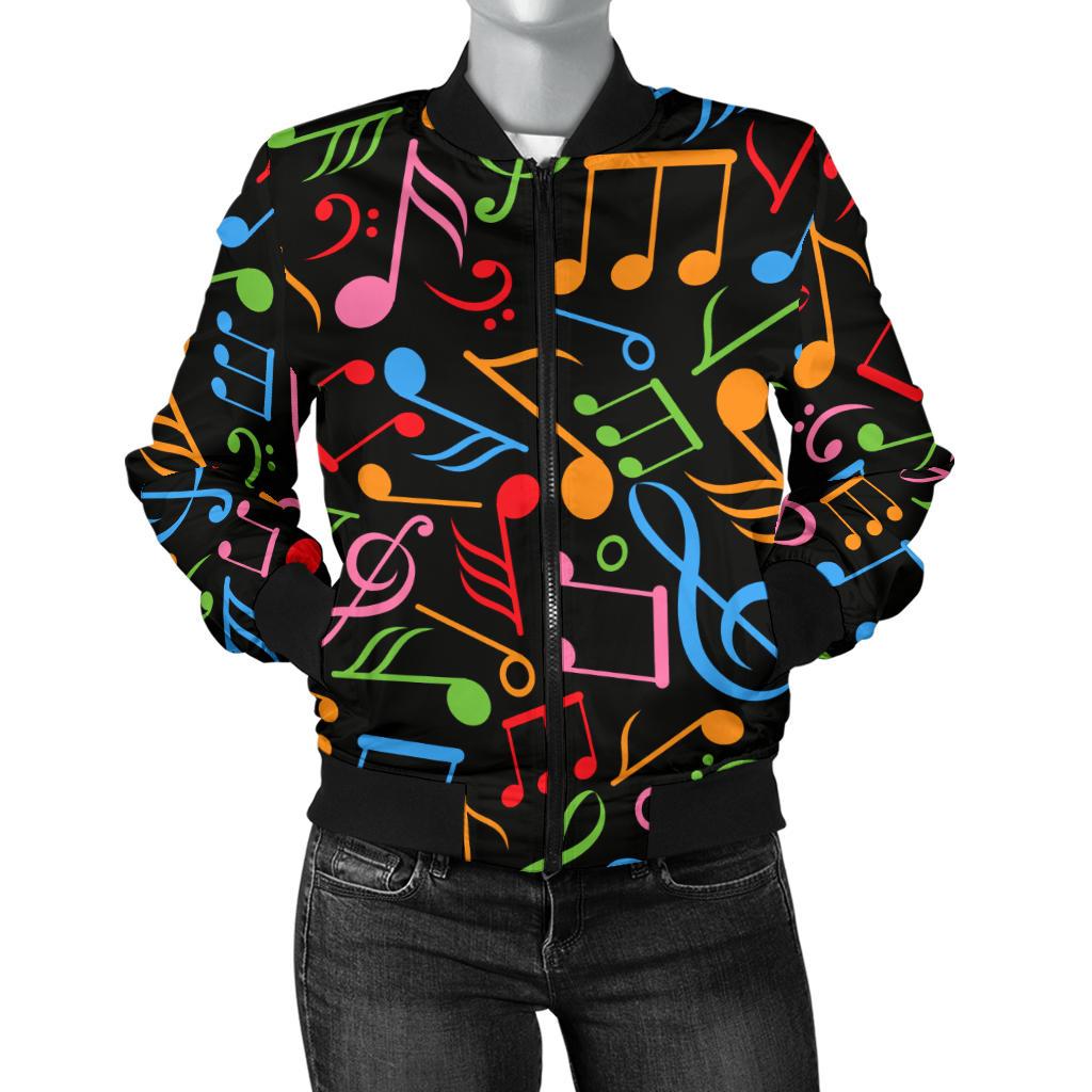 Music Note Colorful Themed Print Women Casual Bomber Jacket