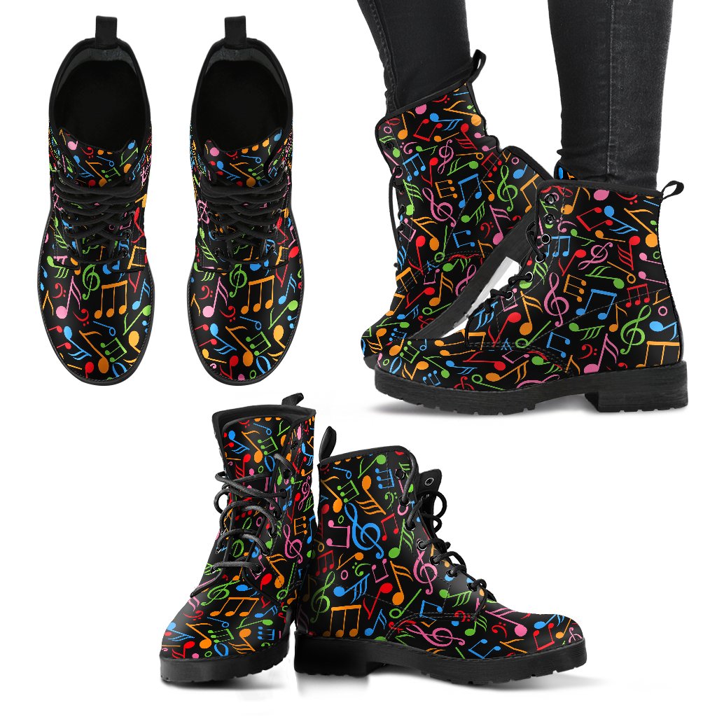 Music Note Colorful Themed Print Women Leather Boots-JTAMIGO.COM