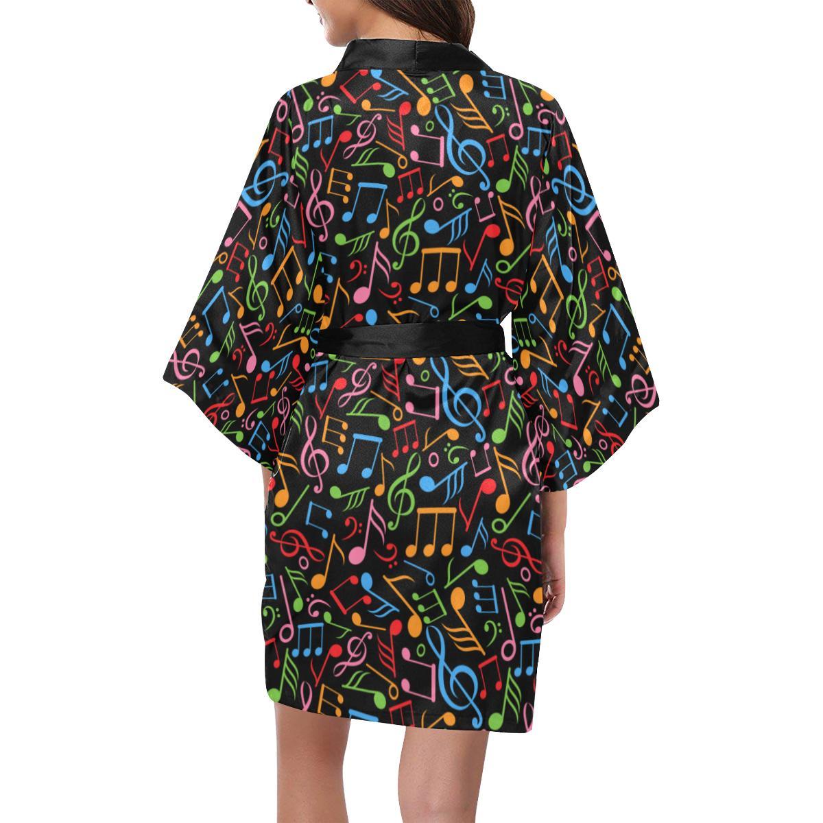 Music Note Colorful Themed Print Women Short Kimono Robe