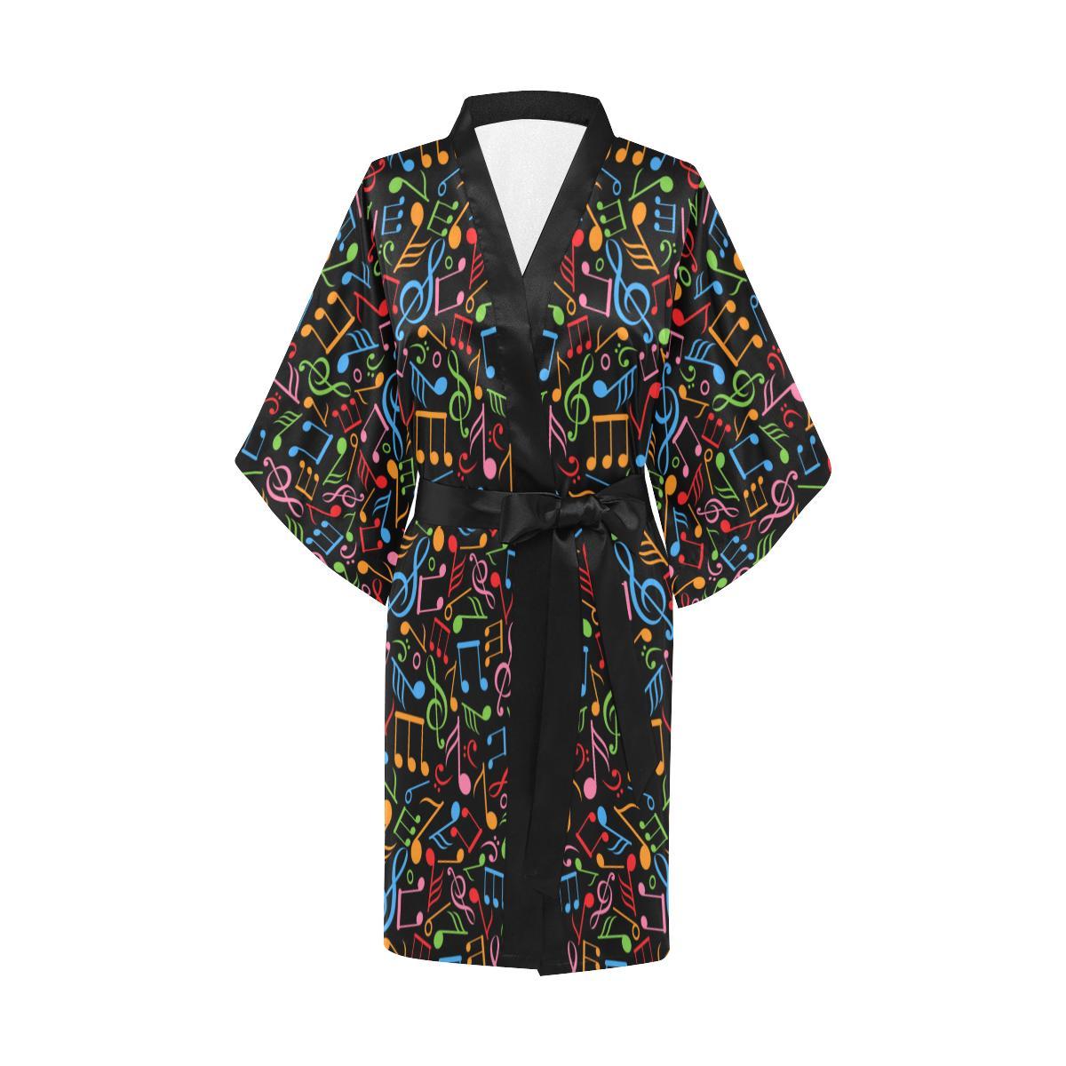 Music Note Colorful Themed Print Women Short Kimono Robe