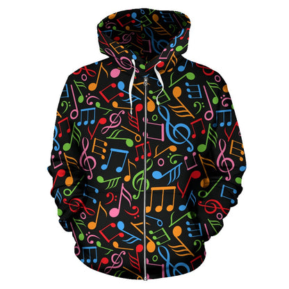 Music Note Colorful Themed Print Zip Up Hoodie