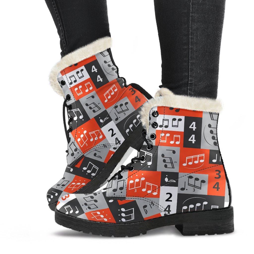 Music Note Design Themed Print Faux Fur Leather Boots-JTAMIGO.COM